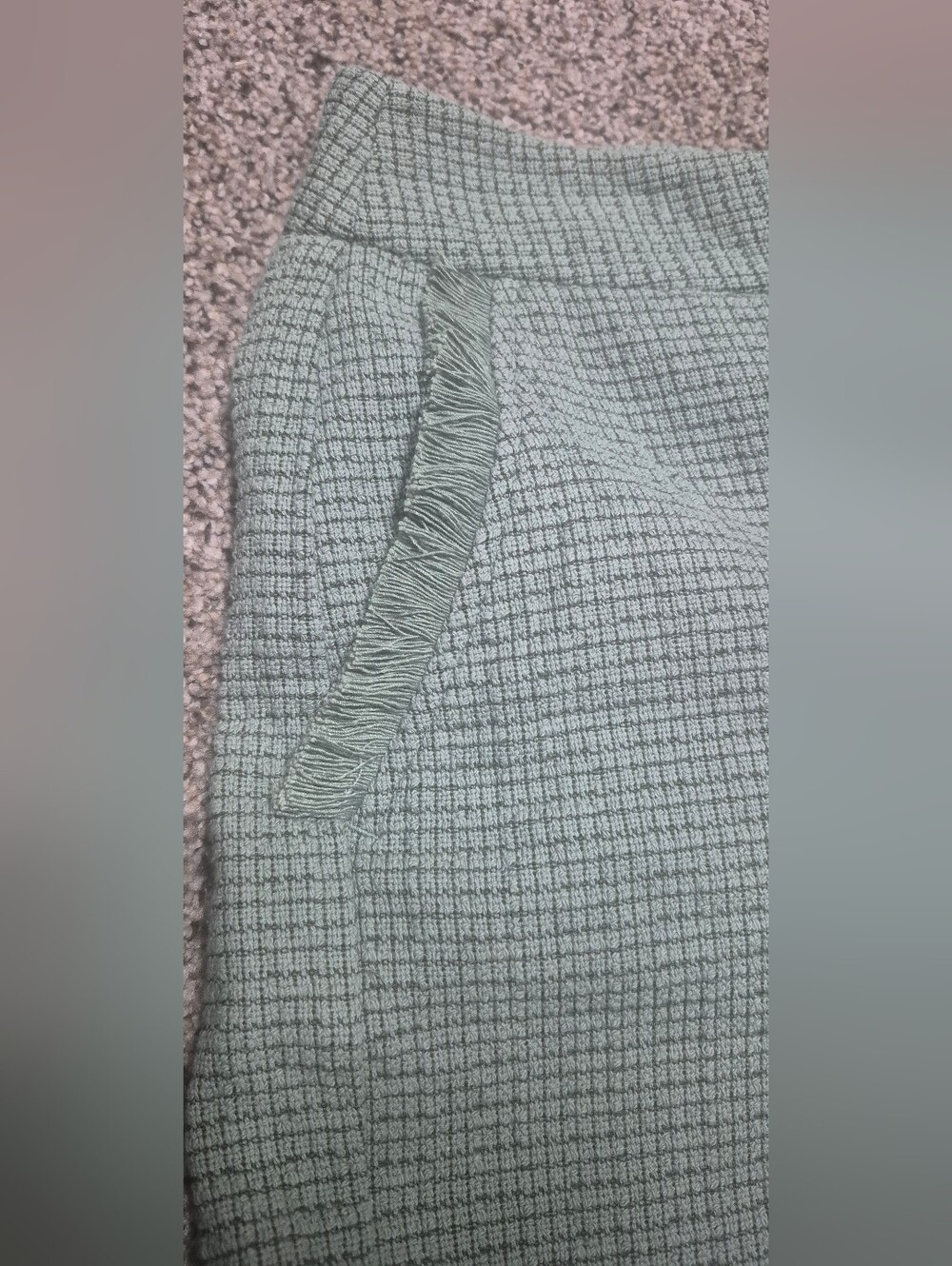 Kaari Blue Sage Green Textured Shorts Size 10 Tweed Fringe Hem Lined Zip Front - Picture 3 of 6